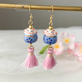 Kitty Cat and Tassel Earrings, Pink Cherry Blossom Tassel Earrings, Kitty Wind Chime Earring dangle